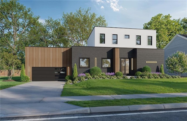 modern home featuring a front lawn