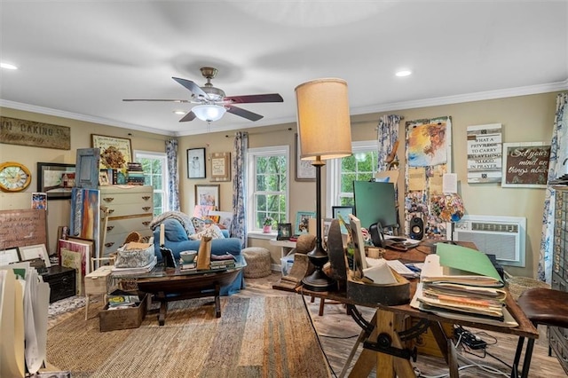 8669 Davis St, Braselton, GA 30517 - living room featuring crown molding, a ceiling fan, and a wall mounted air conditioner