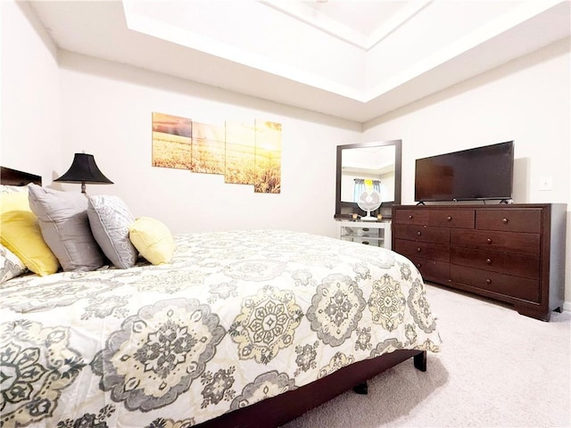 bedroom featuring a tray ceiling and carpet flooring