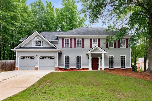 3285 Country Walk Dr, Powder Springs, GA 30127 - colonial home featuring driveway, a garage, a shingled roof, and brick siding