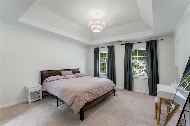 3285 Country Walk Dr, Powder Springs, GA 30127 - bedroom featuring a raised ceiling, multiple windows, light colored carpet, and crown molding