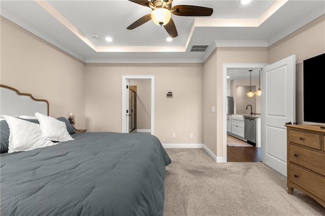 508 Windy Ridge Ct, Canton, GA 30114 - bedroom with a tray ceiling, light carpet, recessed lighting, ceiling fan, and crown molding