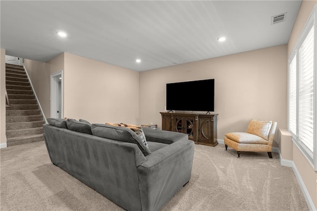 508 Windy Ridge Ct, Canton, GA 30114 - living room featuring light carpet, stairs, recessed lighting, and plenty of natural light