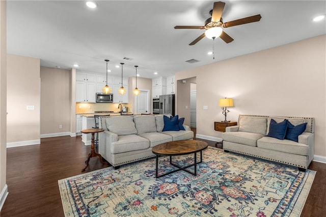 508 Windy Ridge Ct, Canton, GA 30114 - living room featuring a ceiling fan, recessed lighting, and dark wood-style flooring
