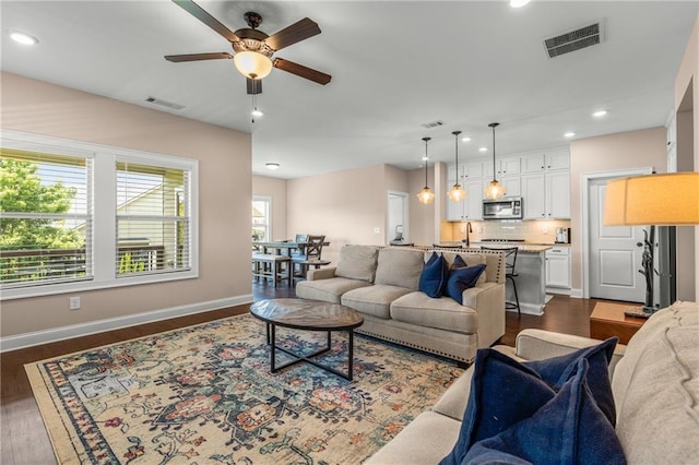508 Windy Ridge Ct, Canton, GA 30114 - living area with a ceiling fan, recessed lighting, and dark wood-style floors
