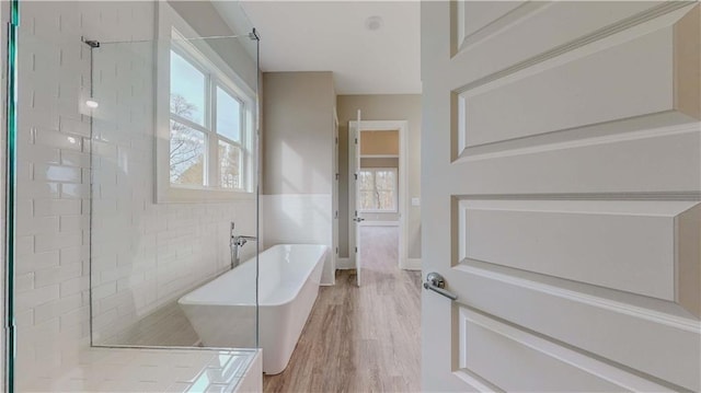 bathroom featuring a bath, a healthy amount of sunlight, and wood-type flooring