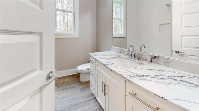 bathroom featuring toilet, vanity, and wood-type flooring