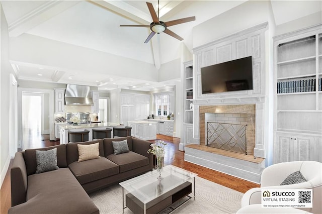 living room featuring built in shelves, light hardwood / wood-style floors, a healthy amount of sunlight, and ceiling fan