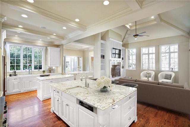 kitchen with a center island with sink, light stone counters, white cabinetry, and sink