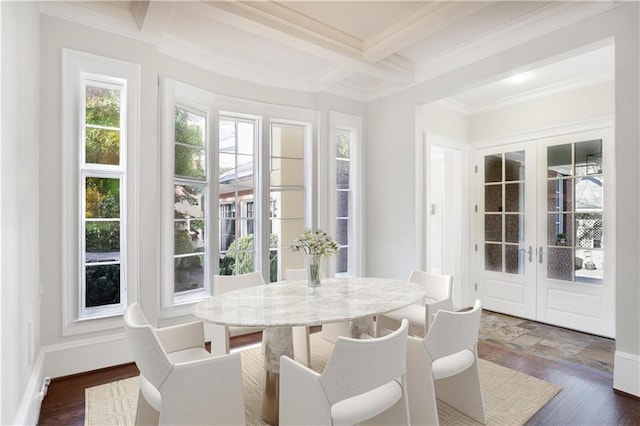 sunroom with french doors, coffered ceiling, and beam ceiling