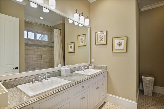 bathroom with vanity, ornamental molding, and walk in shower