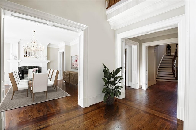 dining area with dark hardwood / wood-style flooring, crown molding, and a premium fireplace