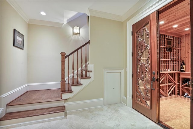 wine cellar featuring ornamental molding