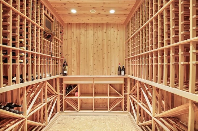 wine cellar with wood walls and wooden ceiling