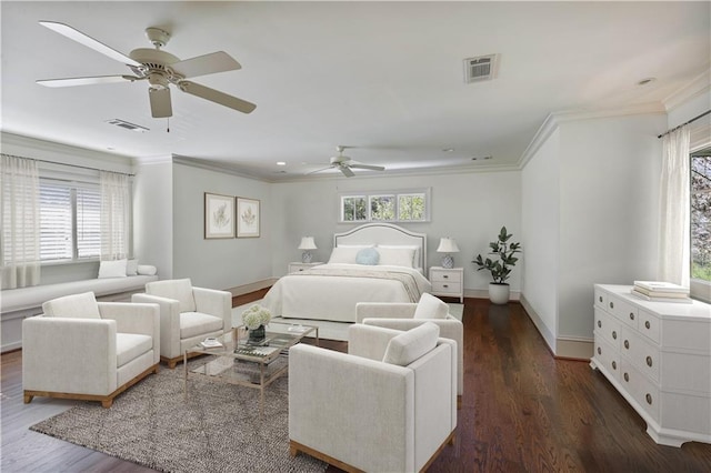 bedroom with multiple windows, ceiling fan, crown molding, and dark wood-type flooring