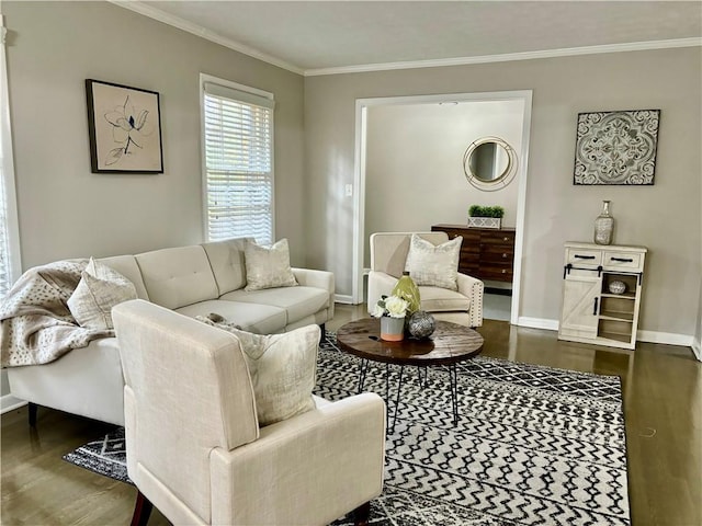 living room with dark hardwood / wood-style flooring and crown molding