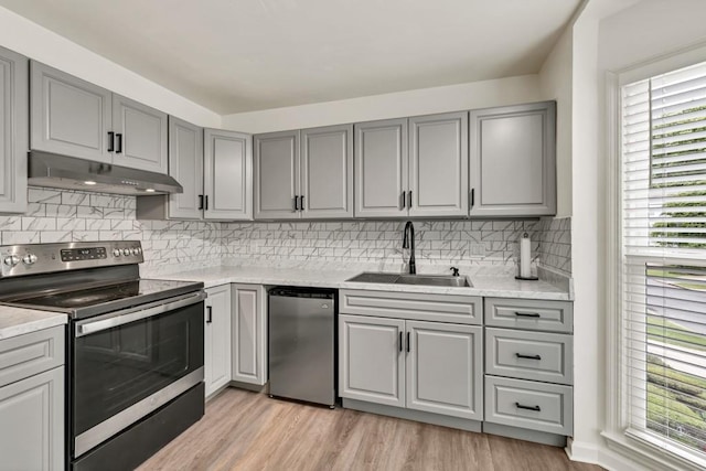 3910 Meeting St, Duluth, GA 30096 - kitchen with gray cabinetry, stainless steel range with electric cooktop, a sink, and under cabinet range hood