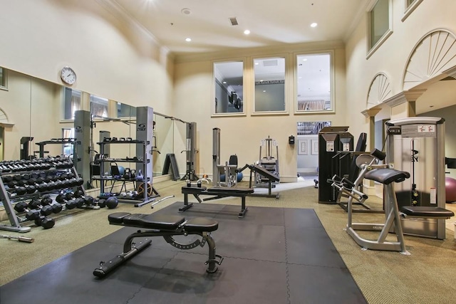 3334 Peachtree Rd NE Unit 101, Atlanta, GA 30326 - gym featuring a towering ceiling, carpet flooring, and crown molding