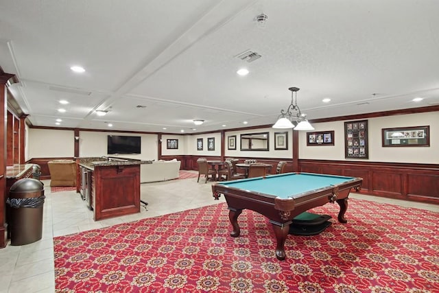 3334 Peachtree Rd NE Unit 101, Atlanta, GA 30326 - rec room with recessed lighting, billiards, a wainscoted wall, and crown molding