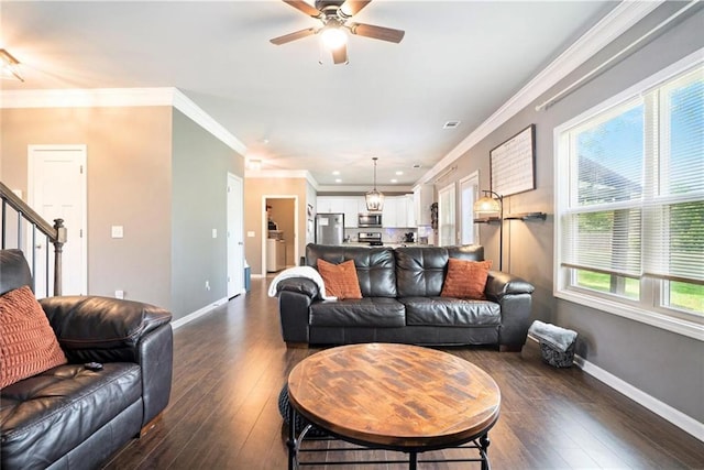 living room with ceiling fan, crown molding, dark wood-style floors, baseboards, and recessed lighting