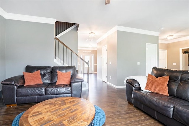 living area featuring dark wood-style flooring, stairway, ornamental molding, and baseboards