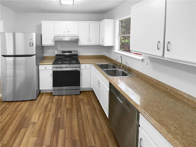 kitchen featuring stainless steel appliances, ventilation hood, a sink, and white cabinetry