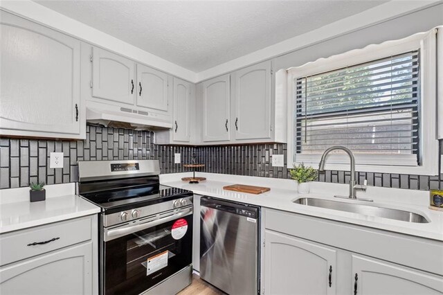 4771 N Springs Rd NW, Kennesaw, GA 30144 - kitchen with appliances with stainless steel finishes, under cabinet range hood, a sink, light countertops, and decorative backsplash