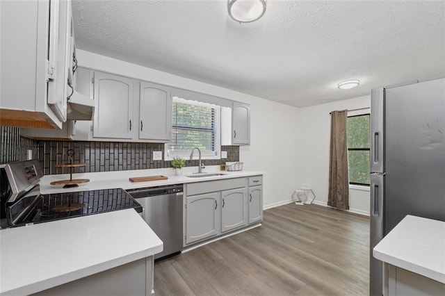 4771 N Springs Rd NW, Kennesaw, GA 30144 - kitchen featuring appliances with stainless steel finishes, a sink, light countertops, tasteful backsplash, and light wood-style flooring