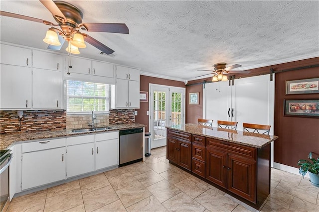 3778 Berdon Ln, Decatur, GA 30034 - kitchen featuring dishwasher, a sink, a ceiling fan, decorative backsplash, and ornamental molding