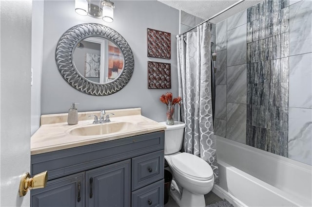 3778 Berdon Ln, Decatur, GA 30034 - bathroom featuring vanity, toilet, shower / tub combo, and a textured ceiling