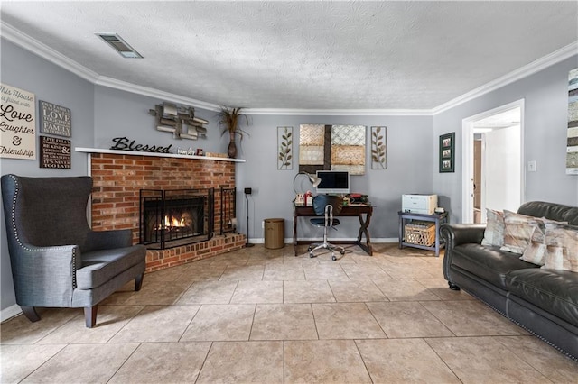3778 Berdon Ln, Decatur, GA 30034 - living room with ornamental molding, a fireplace, light tile patterned flooring, a textured ceiling, and baseboards