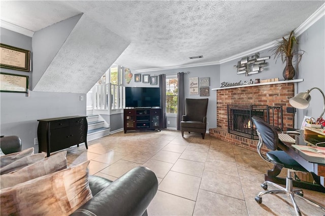 3778 Berdon Ln, Decatur, GA 30034 - tiled living area with ornamental molding, a fireplace, and a textured ceiling