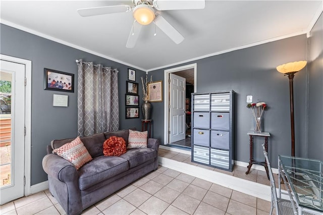 3778 Berdon Ln, Decatur, GA 30034 - living room featuring light tile patterned floors, ceiling fan, crown molding, and baseboards