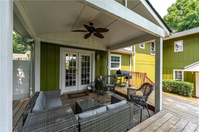 3778 Berdon Ln, Decatur, GA 30034 - wooden deck with an outdoor living space, french doors, a ceiling fan, and area for grilling