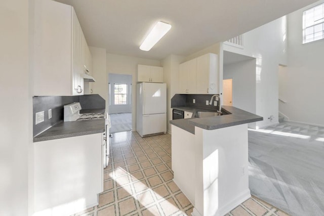 kitchen featuring white cabinetry, sink, white appliances, and kitchen peninsula