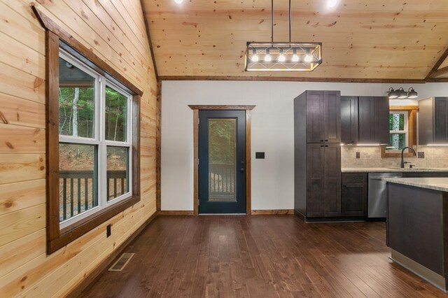 kitchen with dishwasher, wood walls, wooden ceiling, dark wood-type flooring, and pendant lighting