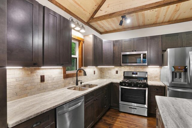 kitchen featuring wood ceiling, dark wood-type flooring, backsplash, sink, and appliances with stainless steel finishes