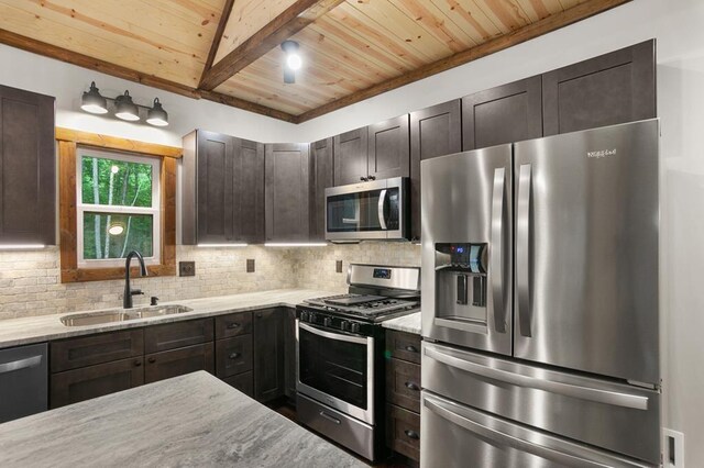 kitchen featuring light stone countertops, stainless steel appliances, backsplash, sink, and wood ceiling