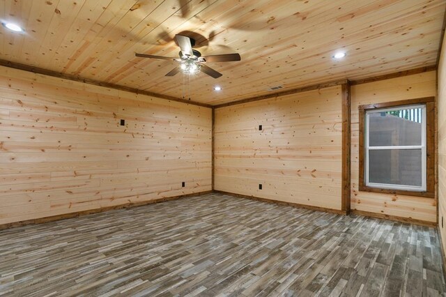 unfurnished room featuring wood-type flooring, wood ceiling, ceiling fan, and wood walls