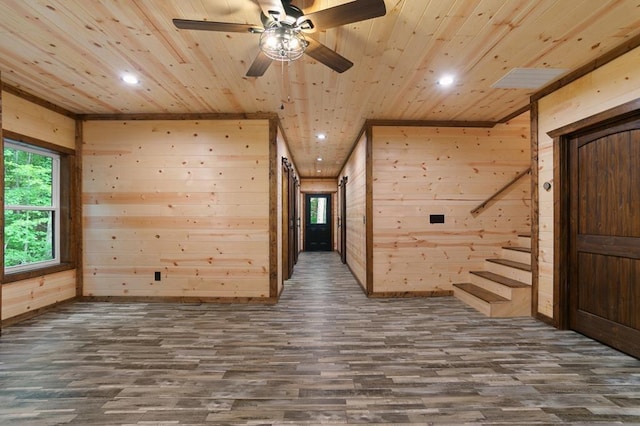 unfurnished room featuring ceiling fan, wood walls, hardwood / wood-style flooring, and wooden ceiling