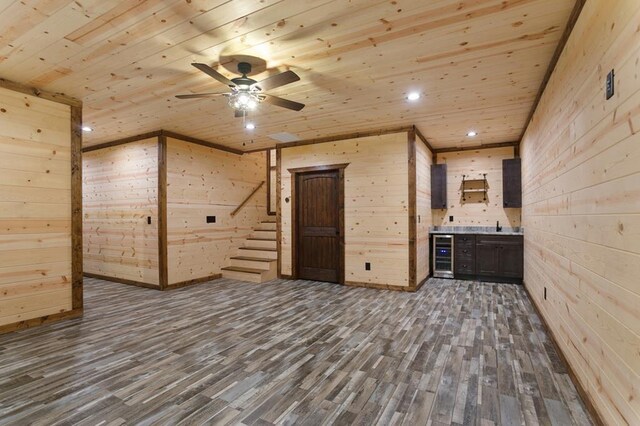 interior space with wine cooler, wooden ceiling, wood walls, and dark wood-type flooring