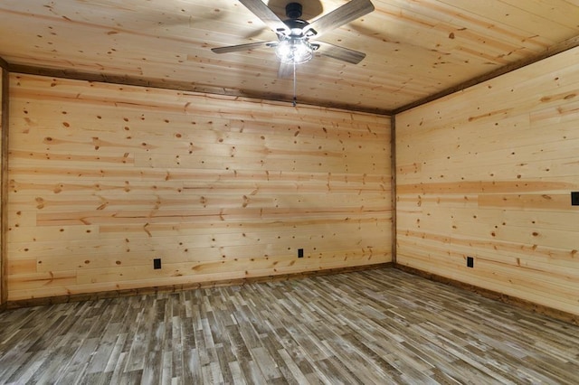 empty room featuring wood-type flooring, wood ceiling, ceiling fan, and wood walls