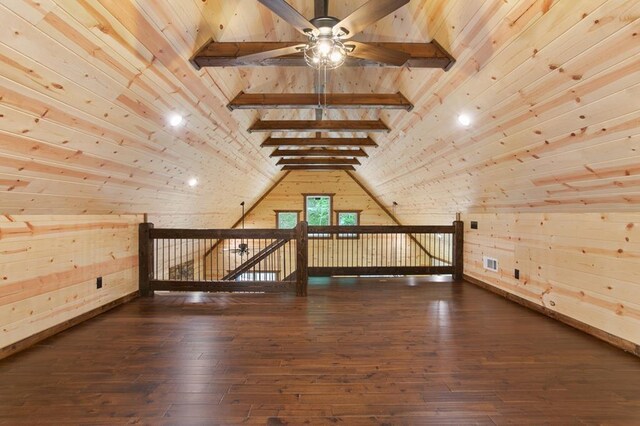 bonus room with vaulted ceiling with beams, ceiling fan, wood walls, and hardwood / wood-style floors