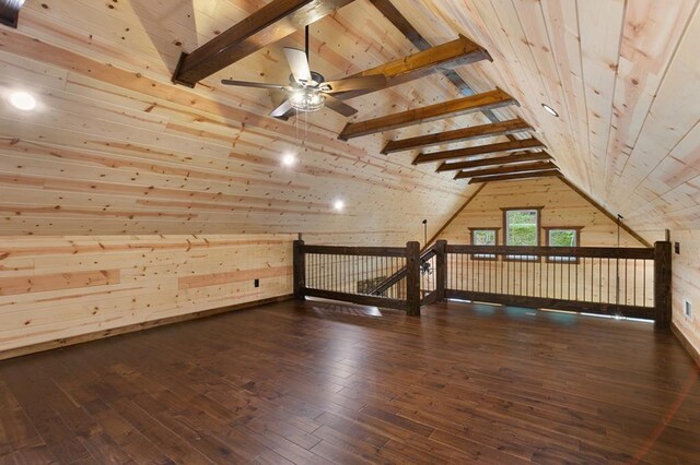 bonus room with ceiling fan, lofted ceiling with beams, wood walls, and hardwood / wood-style flooring