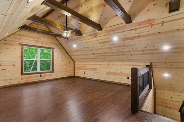 additional living space with ceiling fan, hardwood / wood-style floors, vaulted ceiling with beams, wood ceiling, and wood walls