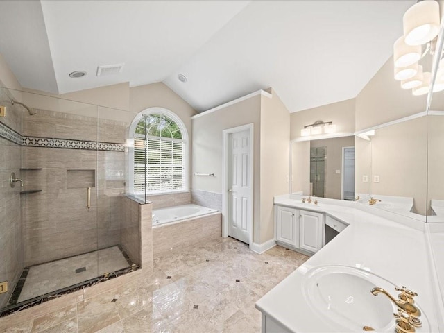 740 Orchard Ct, Atlanta, GA 30328 - full bath with vaulted ceiling, vanity, a garden tub, and a shower stall