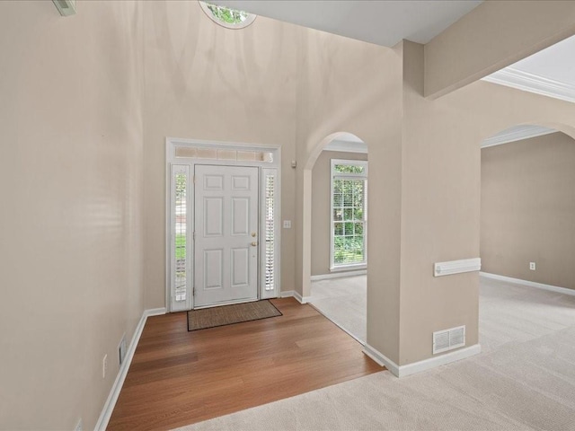 740 Orchard Ct, Atlanta, GA 30328 - foyer entrance featuring arched walkways, carpet flooring, and wood finished floors