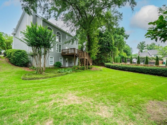740 Orchard Ct, Atlanta, GA 30328 - view of grassy yard featuring a wooden deck and stairs
