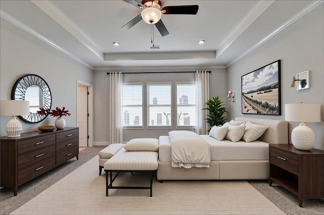6270 Bracken Brown Dr, Alpharetta, GA 30004 - bedroom with a raised ceiling, light colored carpet, and ceiling fan