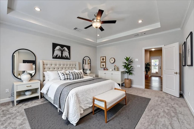 6270 Bracken Brown Dr, Alpharetta, GA 30004 - bedroom featuring a tray ceiling, light colored carpet, recessed lighting, and ceiling fan
